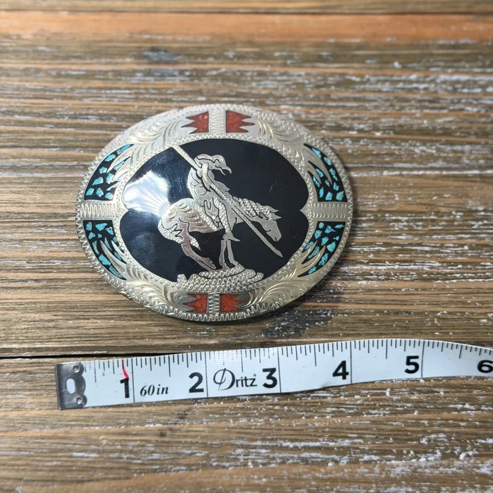 Vintage Western End of the Trail Belt Buckle Turquoise Coral Inlay Oval Silver